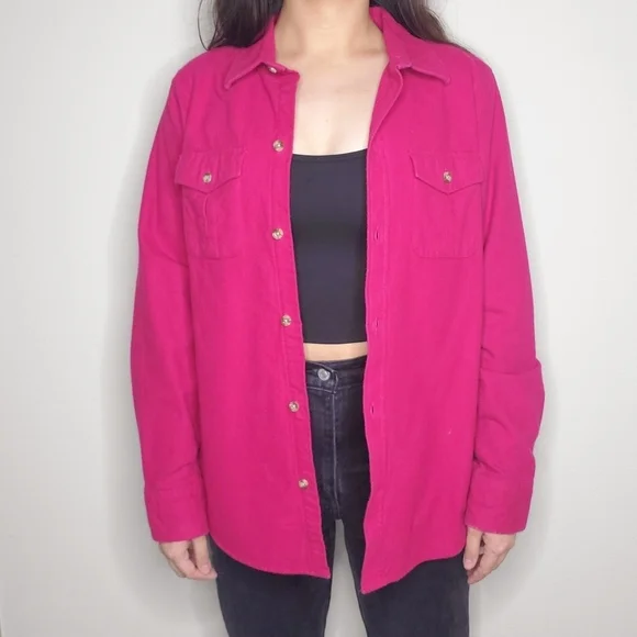 L.L. Bean Fuschia Pink Fleece Flannel Button Down Long Sleeve Shirt - Picture 3 of 10